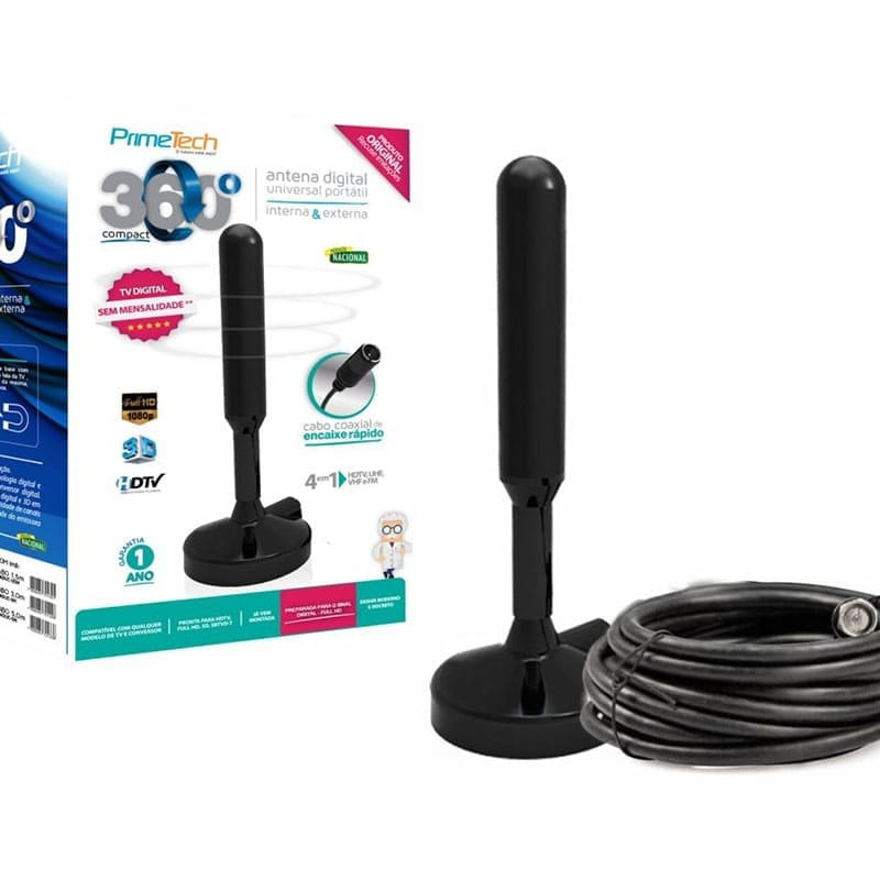 ANTENA DE TV INTERNA DIGITAL HIBRIDA 360° FLEX 1.5M COM IMÃ PRIME TECH